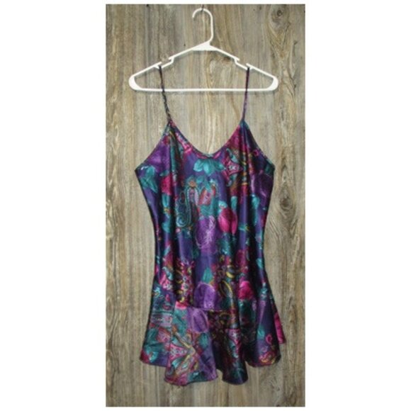 Vintage 80s California Miss Paisley Print Lingerie Dress Sz M Teal Purple Satin - Picture 12 of 13